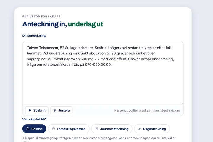 Steg 1: anteckningen inklistrad och Remiss vald som underlag