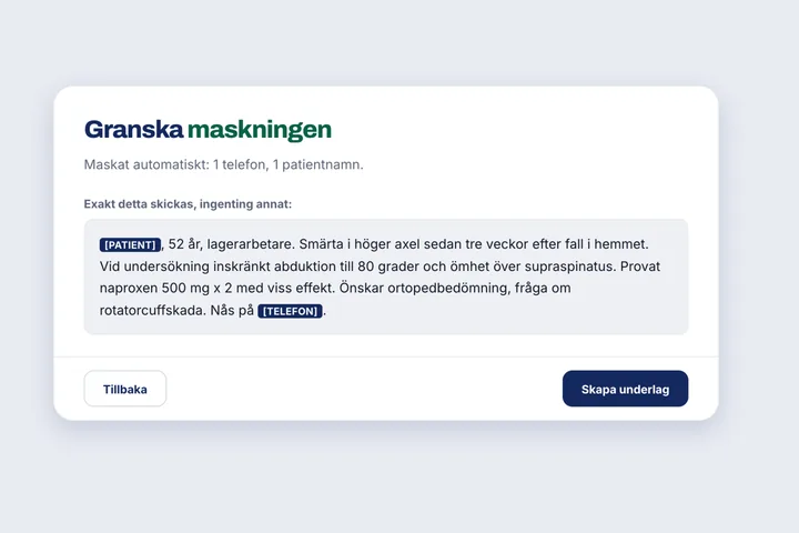 Steg 2: granskningen visar exakt vad som skickas, med namn och telefonnummer maskade