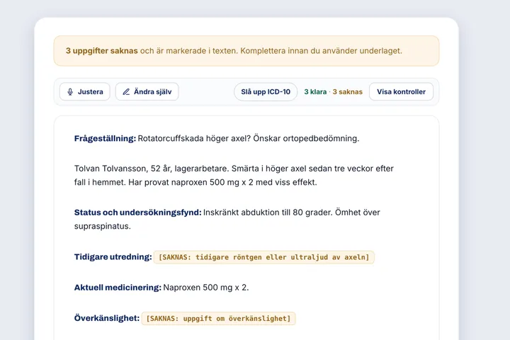 Steg 3: den färdiga remissen med saknade uppgifter markerade, klar att kopiera
